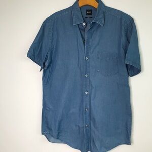 Hugo Boss Camp Shirt Sharp Fit Button Blue Chambray Mens M